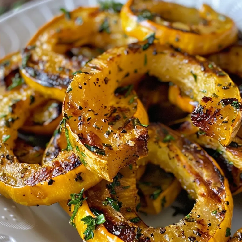['Close-up view of roasted Delicata Squash rings, showcasing their golden-brown color and juicy texture.', 'Side perspective of delicious Delicata Squash rings, highlighting their caramelized edges and glistening surface.', 'Detailed shot of roasted Delicata Squash rings on a plate, emphasizing their crispy exterior and soft interior.', 'Appetizing close-up of Delicata Squash rings with seasoning, featuring a glossy, roasted appearance.']