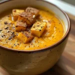 ['Close-up view of creamy pumpkin soup with a sprinkle of herbs.', 'Side perspective of vibrant orange pumpkin soup in a bowl.', 'Delicious air fryer pumpkin soup with garlic and spices on a wooden table.', 'Rich pumpkin soup garnished with cream, served in a rustic bowl.']