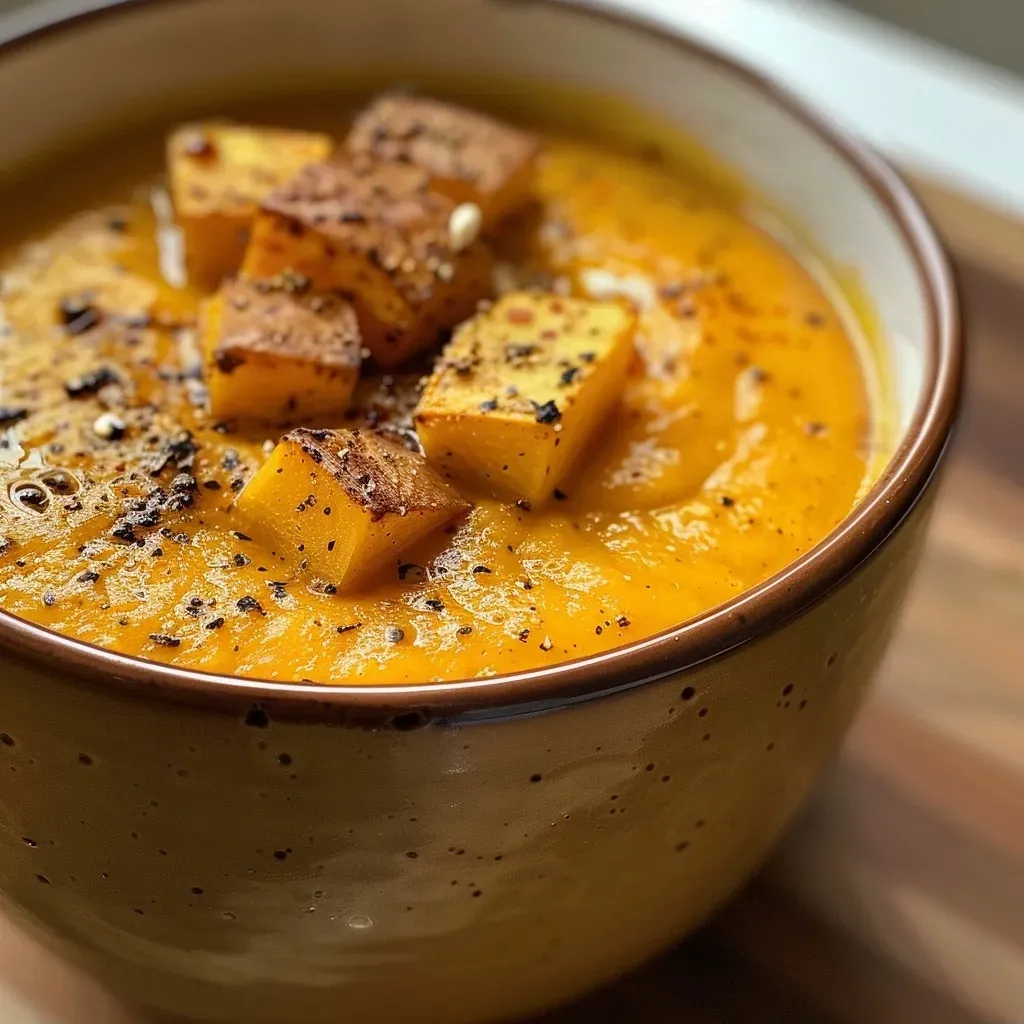 Close-up view of creamy pumpkin soup with a sprinkle of herbs.