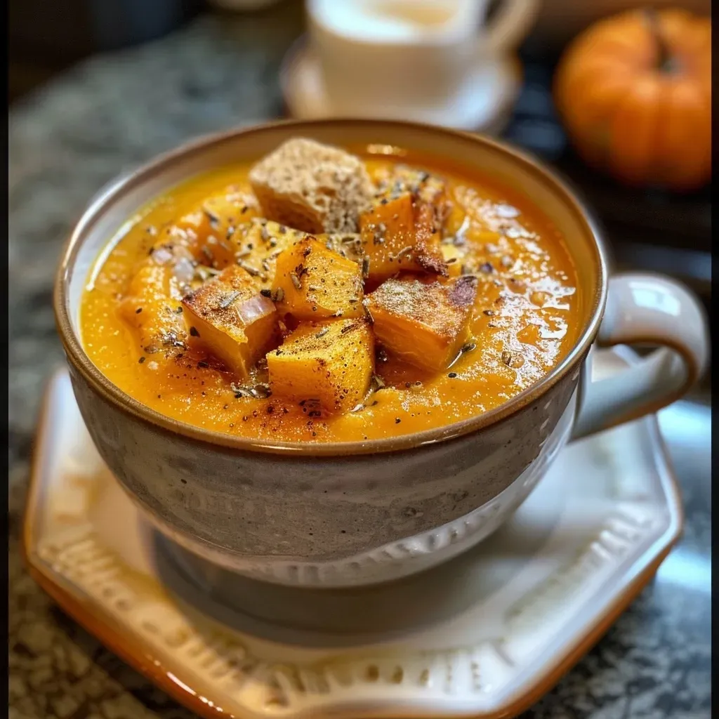 Close-up view of creamy pumpkin soup with a sprinkle of herbs.