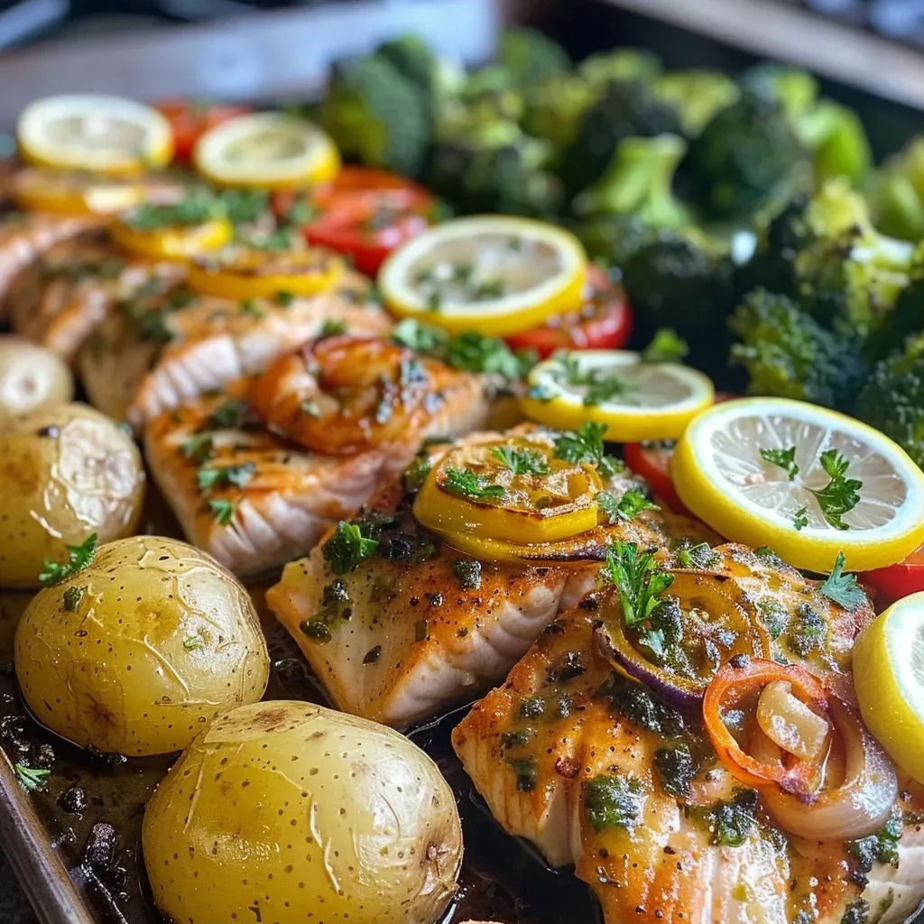 Close-up view of a colorful sheet pan dinner featuring chicken, baby potatoes, and broccoli.