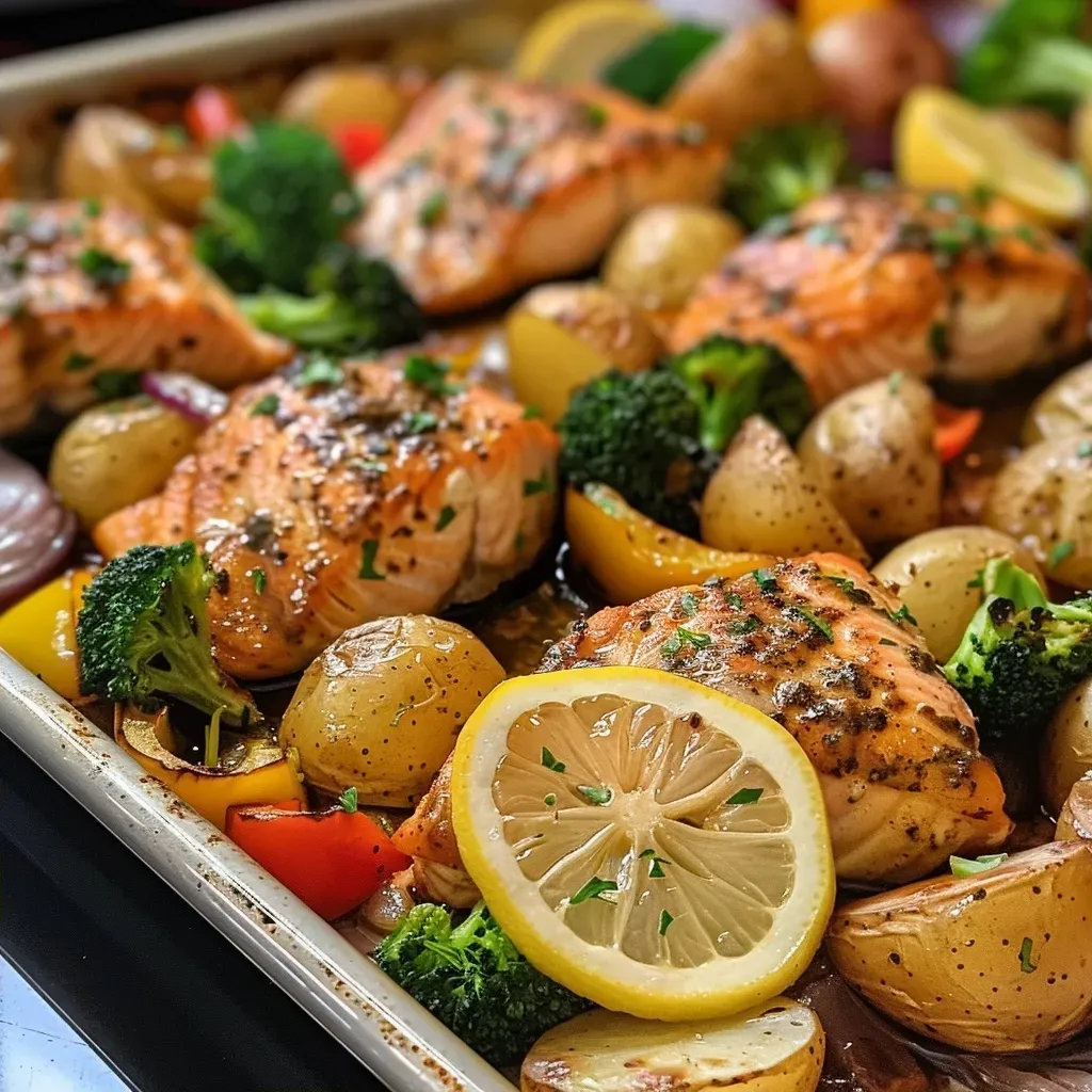 Close-up view of a colorful sheet pan dinner featuring chicken, baby potatoes, and broccoli.