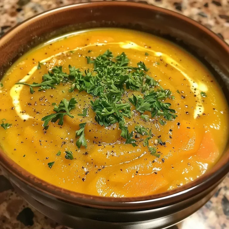 ['A close-up side view of a bowl filled with creamy pumpkin soup garnished with herbs.', 'A vibrant orange pumpkin soup in a rustic bowl, showcasing chunks of pumpkin and spices.', 'A rich, creamy pumpkin soup with visible pieces of vegetables, served in a cozy setting.', 'A warm bowl of pumpkin soup, highlighting its smooth texture and colorful ingredients.']