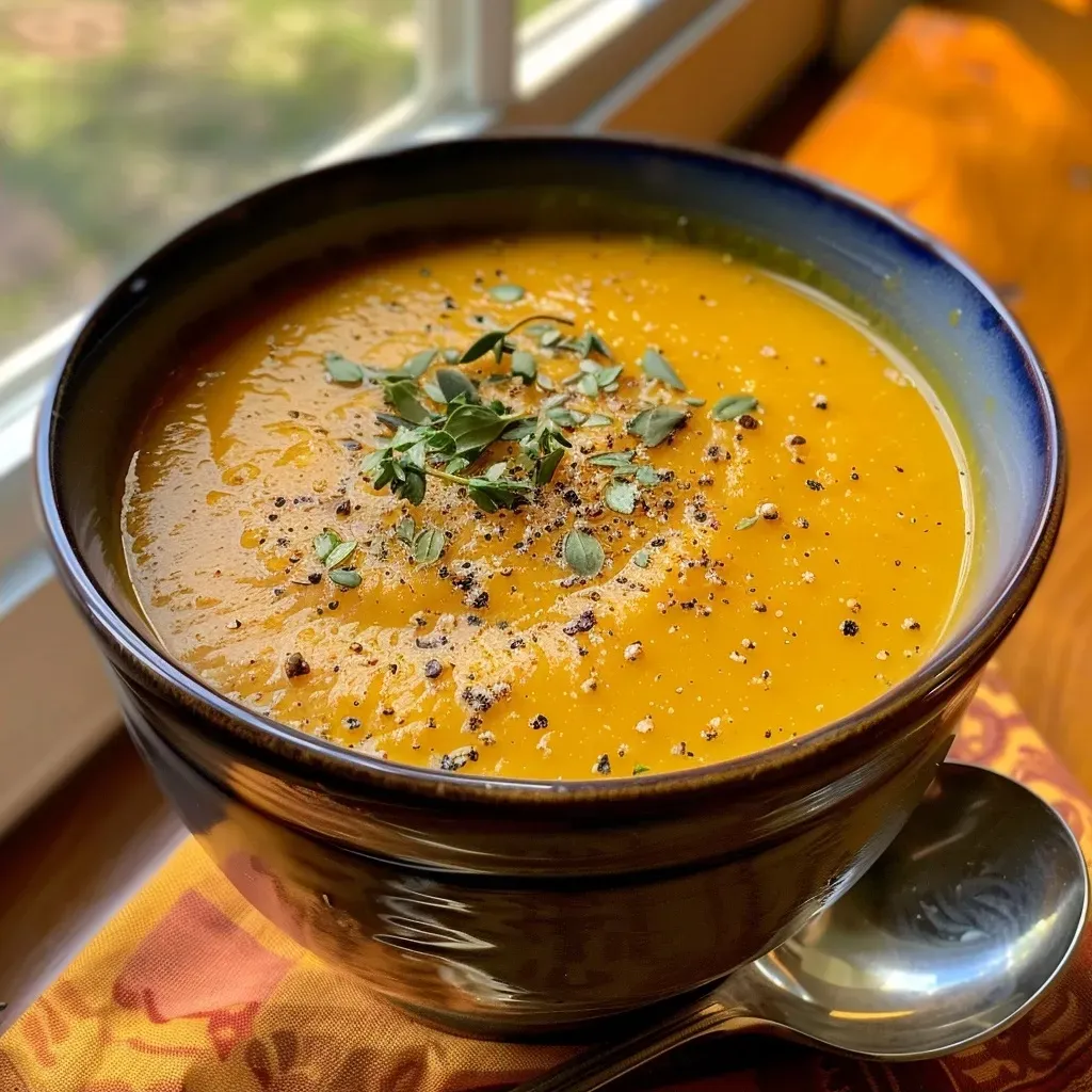 A close-up side view of a bowl filled with creamy pumpkin soup garnished with herbs.