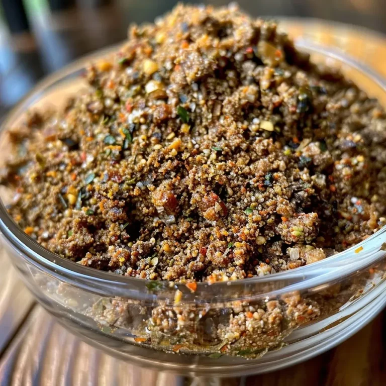 ['Close-up of ground beef seasoning mixture in a bowl.', 'Side view of a seasoning blend for ground beef with spices.', 'Juicy ground beef seasoning ingredients laid out on a surface.', 'Top view of a spice mix for ground beef on a wooden table.']