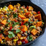 ['Close-up of a vibrant Ground Turkey Sweet Potato Skillet with colorful vegetables.', 'Delicious Ground Turkey Sweet Potato Skillet featuring diced sweet potatoes and ground turkey.', 'Side view of a hearty Ground Turkey Sweet Potato Skillet, showcasing fresh ingredients and spices.', 'Tasty Ground Turkey Sweet Potato Skillet filled with ground turkey, sweet potatoes, and diced tomatoes.']
