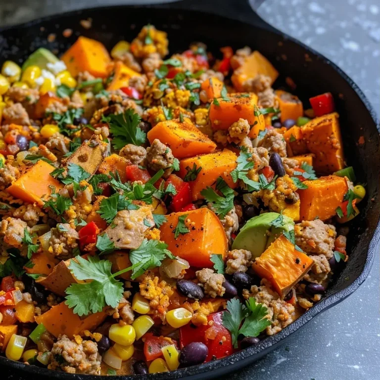 ['Close-up of a vibrant Ground Turkey Sweet Potato Skillet with colorful vegetables.', 'Delicious Ground Turkey Sweet Potato Skillet featuring diced sweet potatoes and ground turkey.', 'Side view of a hearty Ground Turkey Sweet Potato Skillet, showcasing fresh ingredients and spices.', 'Tasty Ground Turkey Sweet Potato Skillet filled with ground turkey, sweet potatoes, and diced tomatoes.']