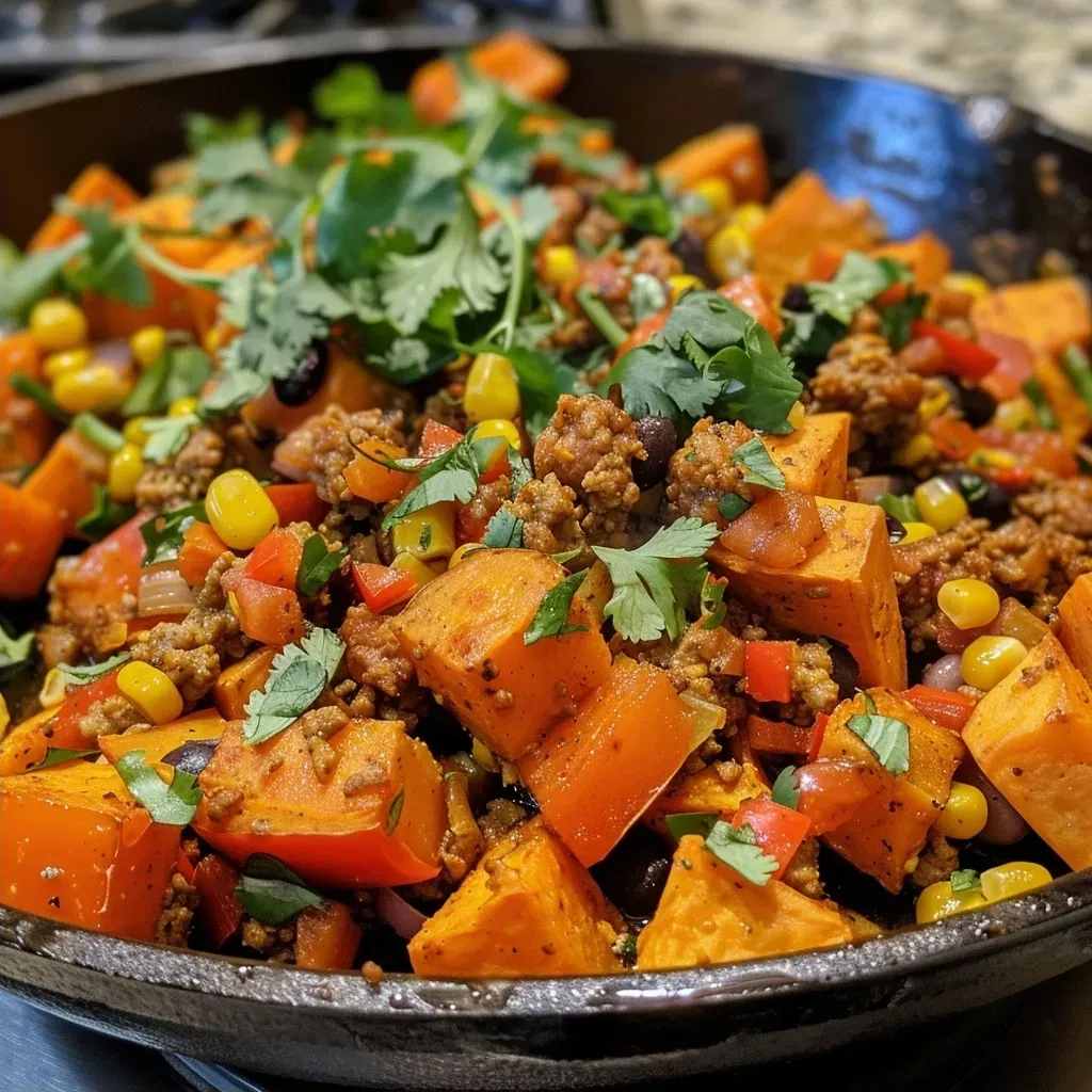 ['Close-up view of a Ground Turkey Sweet Potato Skillet with vibrant sweet potatoes and ground turkey.', 'Side view of a colorful Ground Turkey Sweet Potato Skillet showcasing spices and topped with cheese.', 'Juicy Ground Turkey Sweet Potato Skillet plated with black beans and garnished, captured in detail.', 'Delicious Ground Turkey Sweet Potato Skillet highlighting the texture of sweet potatoes and ground turkey.']