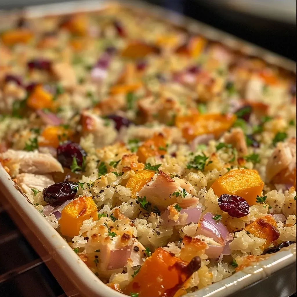 ['A close-up side view of a delicious Harvest Chicken Rice Bake, featuring tender chicken and colorful vegetables.', 'Juicy Harvest Chicken Rice Bake with a golden brown topping, showcasing ingredients like chicken, apples, and cranberries.', 'An appetizing side view of a Harvest Chicken Rice Bake, highlighting the layers of chicken, rice, and sweet potatoes.', 'Close-up image of a hearty Harvest Chicken Rice Bake, revealing its savory ingredients and melted cheese topping.']