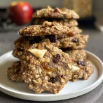 ['Close-up of healthy apple cinnamon breakfast cookies stacked on a white plate.', 'Side view of freshly baked apple cinnamon cookies with visible oats and grated apple.', 'Delicious breakfast cookies featuring apple and cinnamon, displayed on a wooden table.', 'A tempting arrangement of healthy breakfast cookies with a sprinkle of oats and spices.']