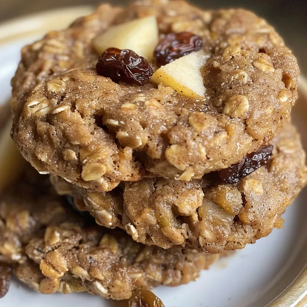 ['Close-up of healthy apple cinnamon breakfast cookies stacked on a white plate.', 'Side view of freshly baked apple cinnamon cookies with visible oats and grated apple.', 'Delicious breakfast cookies featuring apple and cinnamon, displayed on a wooden table.', 'A tempting arrangement of healthy breakfast cookies with a sprinkle of oats and spices.']