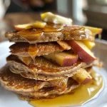 ['Close-up view of golden-brown apple cinnamon pancakes stacked on a plate.', 'Side view of healthy apple cinnamon pancakes topped with apple slices and drizzle of syrup.', 'Deliciously fluffy pancakes showcasing pieces of apples and a sprinkle of cinnamon.', 'Healthy apple cinnamon pancakes served on a rustic table with a warm ambiance.']