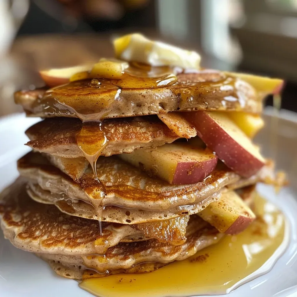 Close-up view of golden-brown apple cinnamon pancakes stacked on a plate.