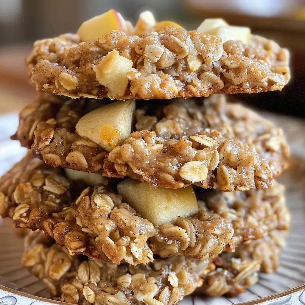 ['Close-up of golden-brown apple oatmeal cookies with a soft texture.', 'Side view of chewy oatmeal cookies featuring apple chunks and a hint of cinnamon.', 'Delicious looking healthy apple oatmeal cookies arranged on a plate.', 'Freshly baked oatmeal cookies with visible apple pieces and a rustic appearance.']