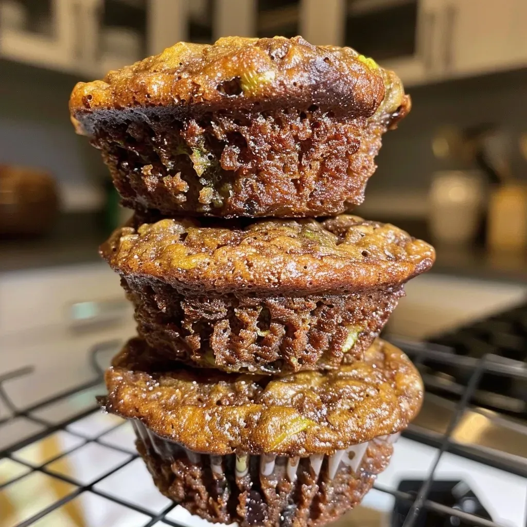 ['A close-up side view of a healthy banana zucchini muffin showcasing its moist texture.', 'Juicy banana zucchini muffins displayed on a plate, highlighting their golden brown tops.', 'A deliciously baked muffin with visible pieces of zucchini and chocolate chunks on a wooden table.', 'A fresh banana zucchini muffin showing its crumbly interior, taken with an iPhone.']