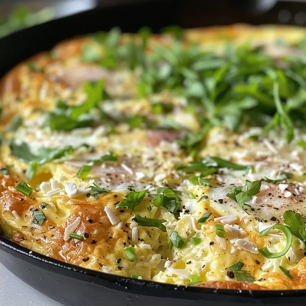 ['Close-up of a chicken sausage frittata with colorful vegetables.', 'Side view of a juicy frittata showcasing melted cheese and green peppers.', 'A beautifully plated frittata with chicken sausage and garnished with arugula.', 'Vibrant frittata featuring eggs, cheese, and fresh vegetables in a skillet.']