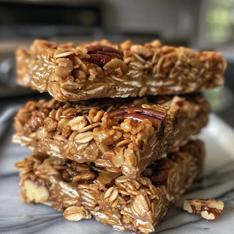 ['A close-up side view of healthy apple cinnamon granola bars, showcasing their chewy texture and visible chunks of dried apples and nuts.', 'Delicious apple cinnamon granola bars displayed on a surface, highlighting the ingredients like oats, nuts, and cinnamon.', 'Side view of chewy granola bars featuring a golden brown exterior with bits of apples and pecans.', 'A detailed view of healthy granola bars, emphasizing their chewy nature and the ingredients used in the recipe.']