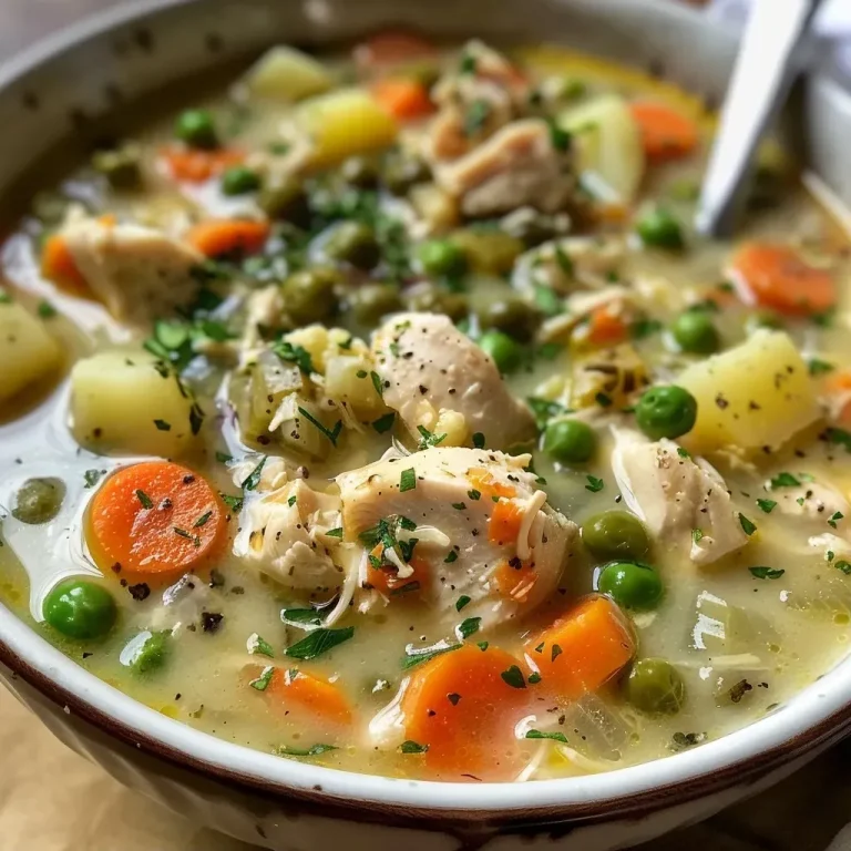 ['Close-up view of a bowl of Healthy Chicken Pot Pie Soup with vibrant vegetables.', 'Side view of a creamy chicken soup featuring carrots, peas, and potatoes.', 'Healthy Chicken Pot Pie Soup garnished with herbs in a rustic bowl.', 'A hearty bowl of soup showcasing tender chicken and colorful vegetables.']