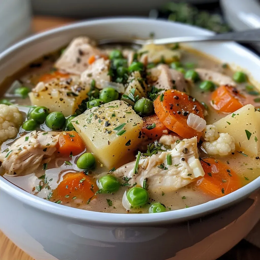 ['Close-up view of a bowl of Healthy Chicken Pot Pie Soup with vibrant vegetables.', 'Side view of a creamy chicken soup featuring carrots, peas, and potatoes.', 'Healthy Chicken Pot Pie Soup garnished with herbs in a rustic bowl.', 'A hearty bowl of soup showcasing tender chicken and colorful vegetables.']