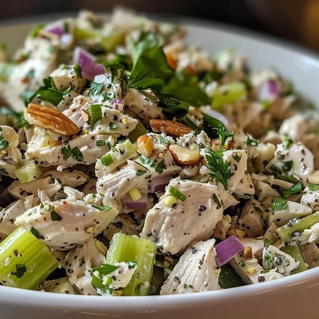 ['A vibrant close-up of a healthy chicken salad featuring diced celery, halved grapes, and sliced almonds.', 'A side view of a colorful healthy chicken salad with fresh ingredients, showcasing the textures and colors.', 'A detailed shot of a chicken salad with chopped chicken, green onions, and Greek yogurt dressing.', 'A close-up image highlighting the juicy chicken salad with purple grapes and green parsley.']