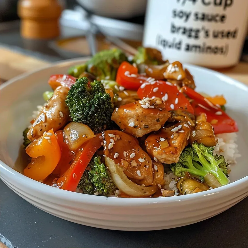 ['Close-up view of a colorful chicken stir fry with vegetables.', 'Juicy pieces of chicken mixed with vibrant bell peppers and broccoli.', 'A delicious stir fry featuring sliced onions, garlic, and sesame seeds.', 'Healthy chicken stir fry in a pan, showcasing fresh ingredients.']
