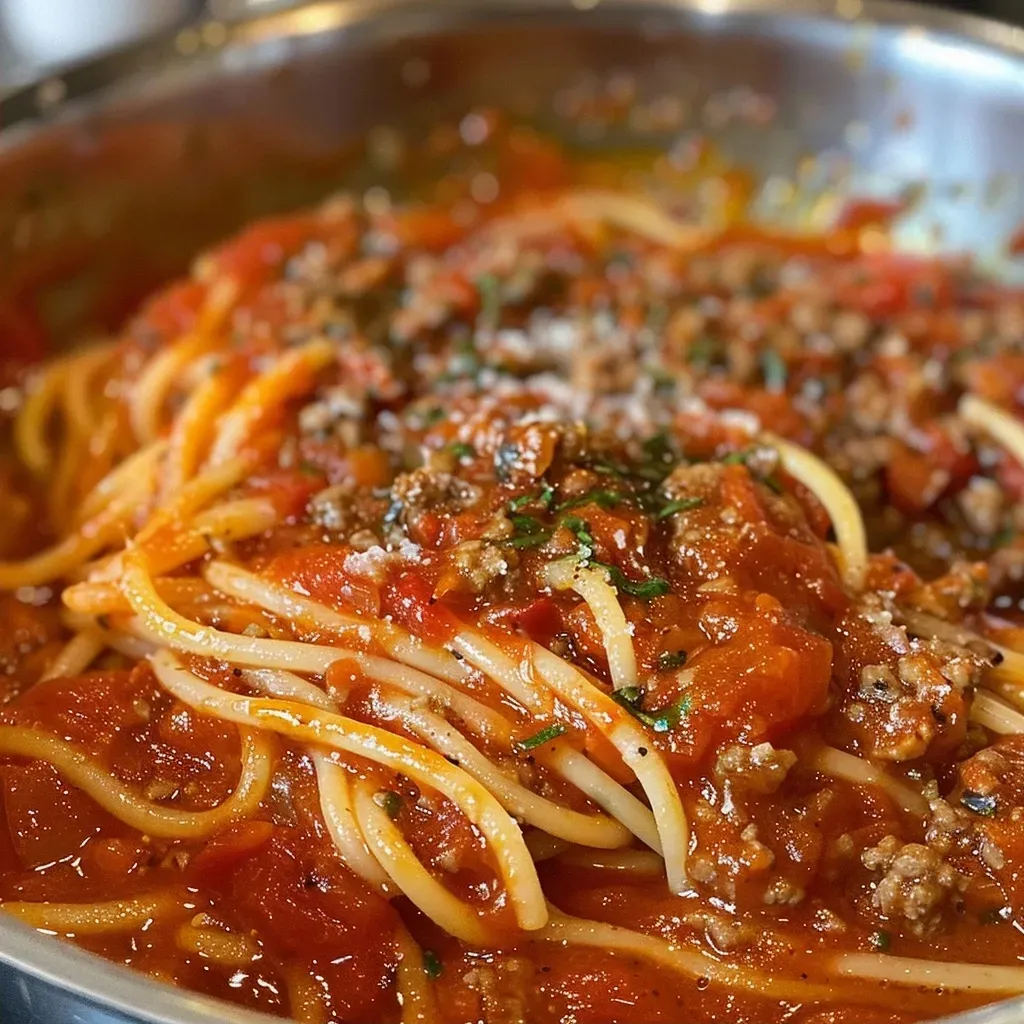['A close-up view of a rich, red homemade spaghetti sauce in a bowl.', 'Juicy homemade spaghetti sauce with visible herbs and tomatoes, captured from the side.', 'A side profile of healthy spaghetti sauce with a smooth texture and vibrant color.', 'A detailed shot of hearty spaghetti sauce mixing ground beef and fresh ingredients.']