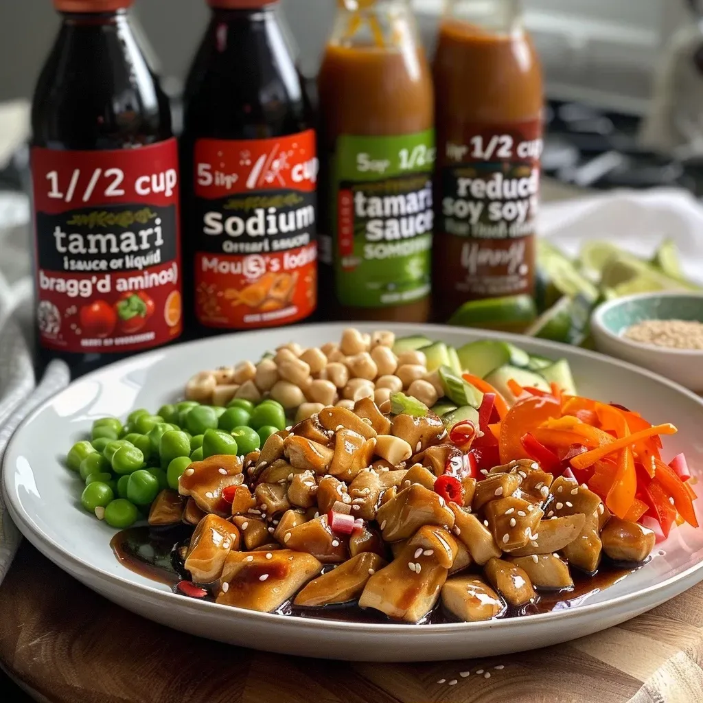 ['Close-up view of a jar filled with homemade stir fry sauce and ingredients on a wooden surface.', 'A vibrant, thick stir fry sauce in a glass jar, surrounded by fresh ingredients used in the recipe.', 'Side view of rich, brown stir fry sauce in a clear jar, with ginger and garlic nearby.', 'A close-up of healthy stir fry sauce in a jar, highlighting its creamy texture and ingredients around.']