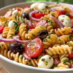 ['Close-up view of a colorful healthy pasta salad featuring fusilli noodles, mozzarella, cherry tomatoes, and olives.', 'Vibrant healthy pasta salad made with fusilli pasta, diced vegetables, and herbs, arranged in a bowl.', 'Side view of a fresh pasta salad with mixed ingredients including cucumbers, olives, and salami on a plate.', 'Detailed shot of a healthy pasta salad showcasing various colorful ingredients, including cherry tomatoes and parsley.']