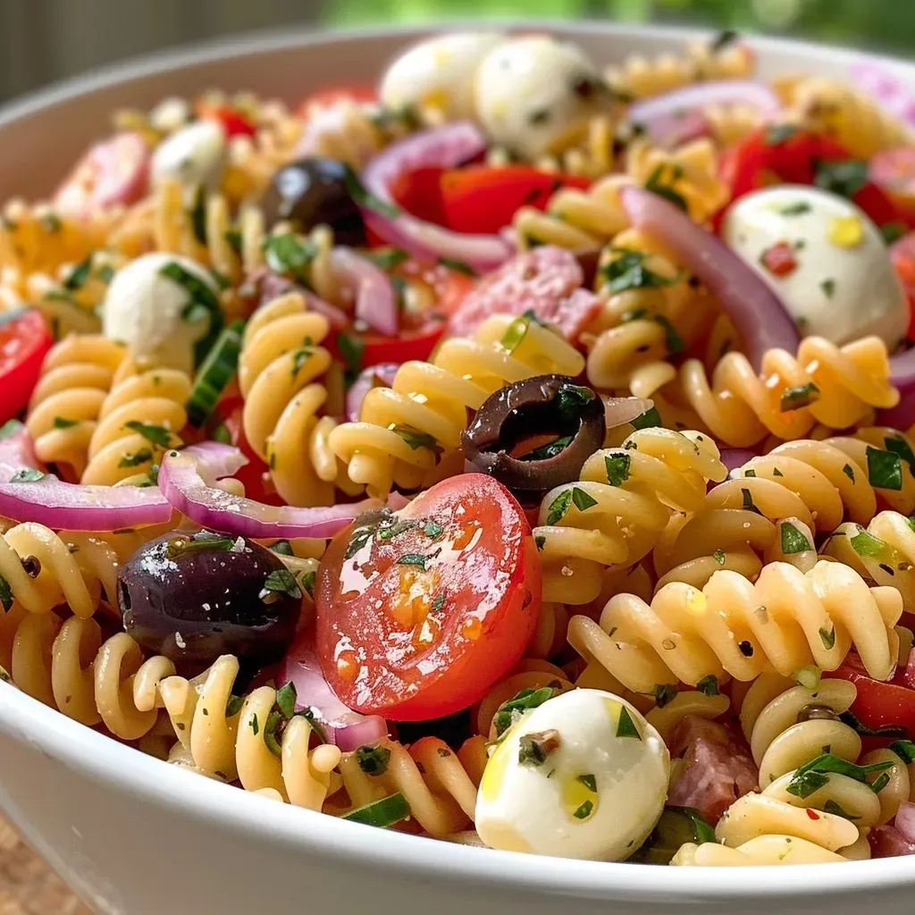 Close-up view of a colorful healthy pasta salad featuring fusilli noodles, mozzarella, cherry tomatoes, and olives.