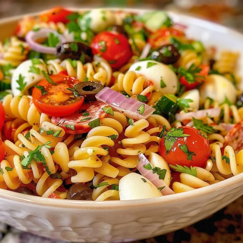 Close-up view of a colorful healthy pasta salad featuring fusilli noodles, mozzarella, cherry tomatoes, and olives.