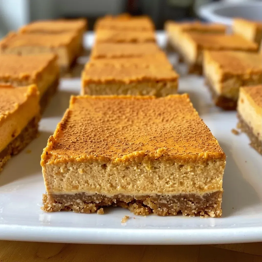 ['Close-up side view of healthy pumpkin cheesecake bars with a creamy texture.', 'A slice of pumpkin cheesecake bar displaying a rich, smooth topping and a crunchy base.', 'Healthy pumpkin cheesecake bars with a golden-brown crust and vibrant orange filling.', 'Delicious pumpkin cheesecake bars showcasing a blend of spices and creamy yogurt topping.']
