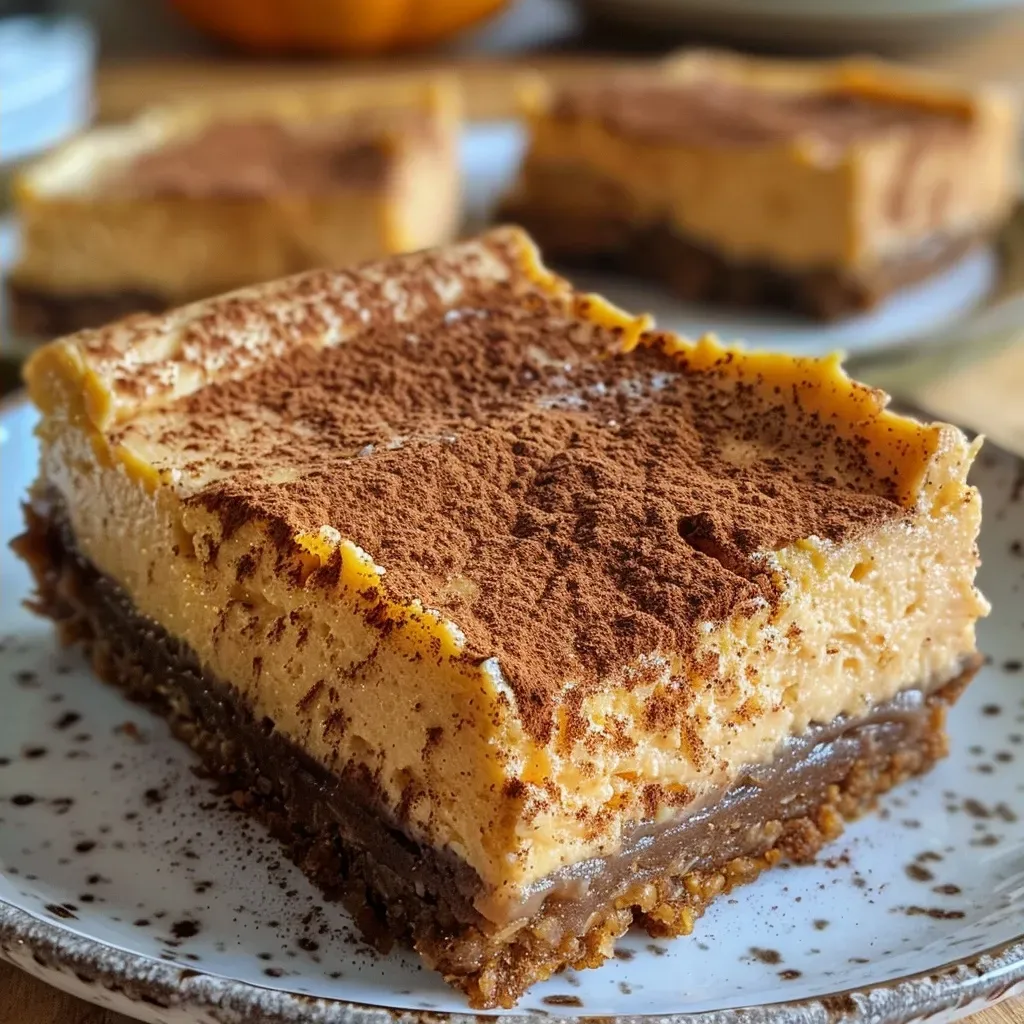 ['Close-up side view of healthy pumpkin cheesecake bars with a creamy texture.', 'A slice of pumpkin cheesecake bar displaying a rich, smooth topping and a crunchy base.', 'Healthy pumpkin cheesecake bars with a golden-brown crust and vibrant orange filling.', 'Delicious pumpkin cheesecake bars showcasing a blend of spices and creamy yogurt topping.']