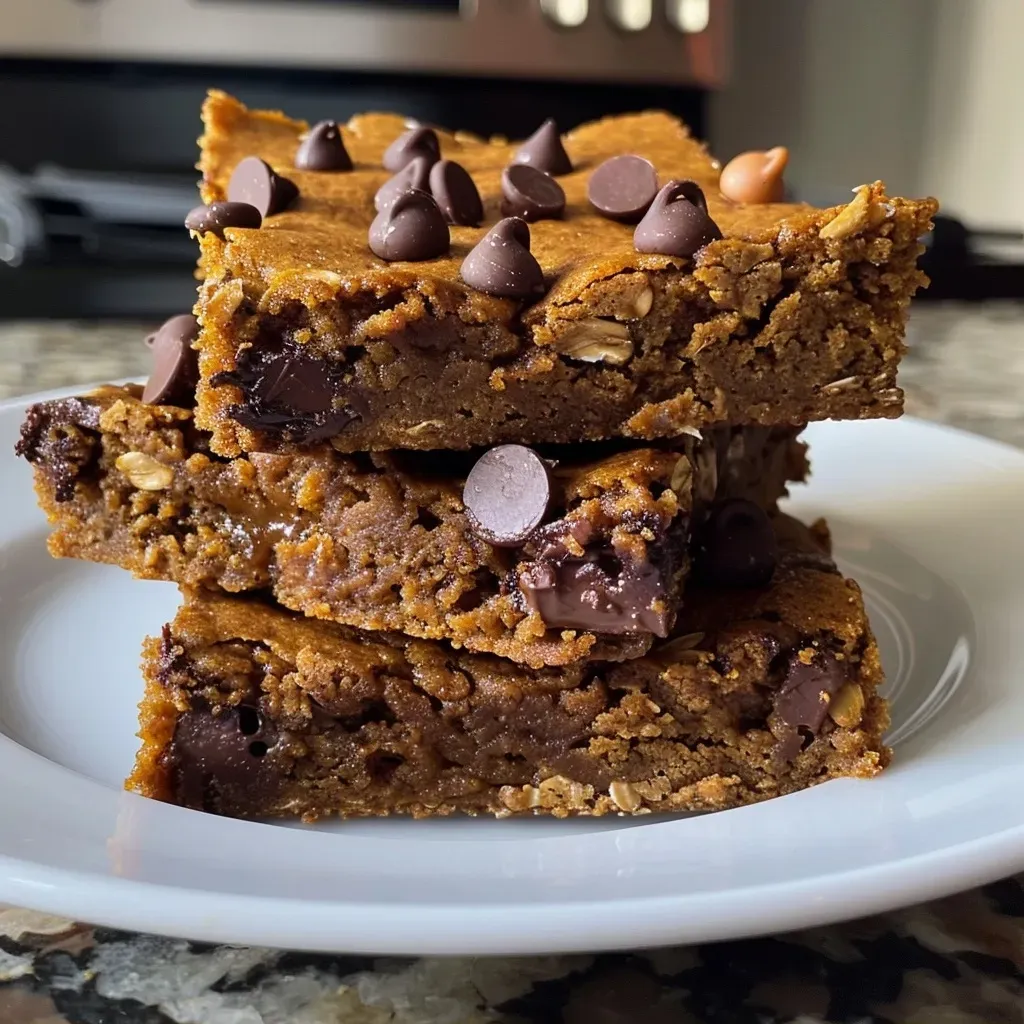 ['Close-up of healthy pumpkin chocolate chip bars with chocolate chips visible.', 'Side view of moist pumpkin chocolate chip bars, showcasing their texture and ingredients.', 'Delicious pumpkin chocolate chip bars, featuring mini chocolate chips and a golden-brown crust.', 'A plate of healthy pumpkin chocolate chip bars, highlighting their inviting, spongy texture.']