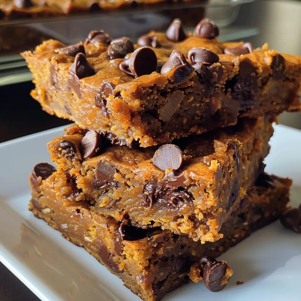 ['Close-up of healthy pumpkin chocolate chip bars with chocolate chips visible.', 'Side view of moist pumpkin chocolate chip bars, showcasing their texture and ingredients.', 'Delicious pumpkin chocolate chip bars, featuring mini chocolate chips and a golden-brown crust.', 'A plate of healthy pumpkin chocolate chip bars, highlighting their inviting, spongy texture.']