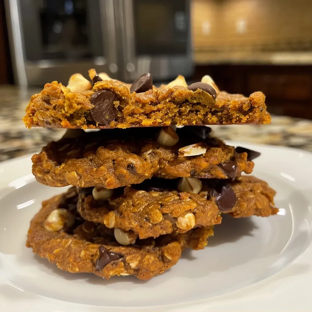 ['Close-up view of healthy pumpkin cookies with chocolate chips on a wooden surface.', 'Side view of moist pumpkin cookies with a golden brown color and chocolate chips.', 'Freshly baked healthy pumpkin cookies arranged on a rustic table.', 'Tasty pumpkin cookies topped with mini chocolate chips, showcasing their soft texture.']