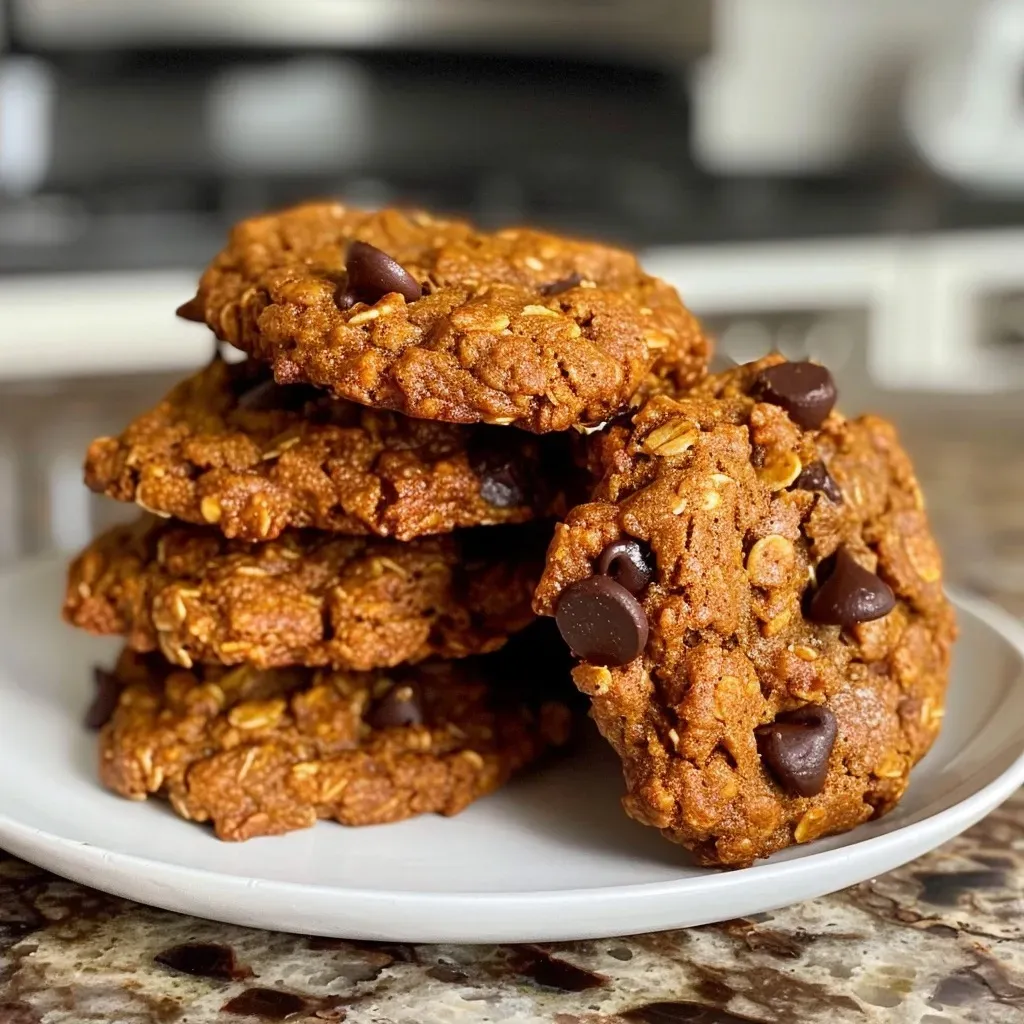 ['Close-up image of healthy pumpkin cookies on a plate, showcasing their texture.', 'Side view of freshly baked pumpkin cookies with a golden hue and a soft appearance.', 'Juicy, golden-brown cookies made with pumpkin puree and oats, arranged on a rustic table.', 'Appetizing pumpkin cookies displayed in a bowl, highlighting their healthy ingredients.']