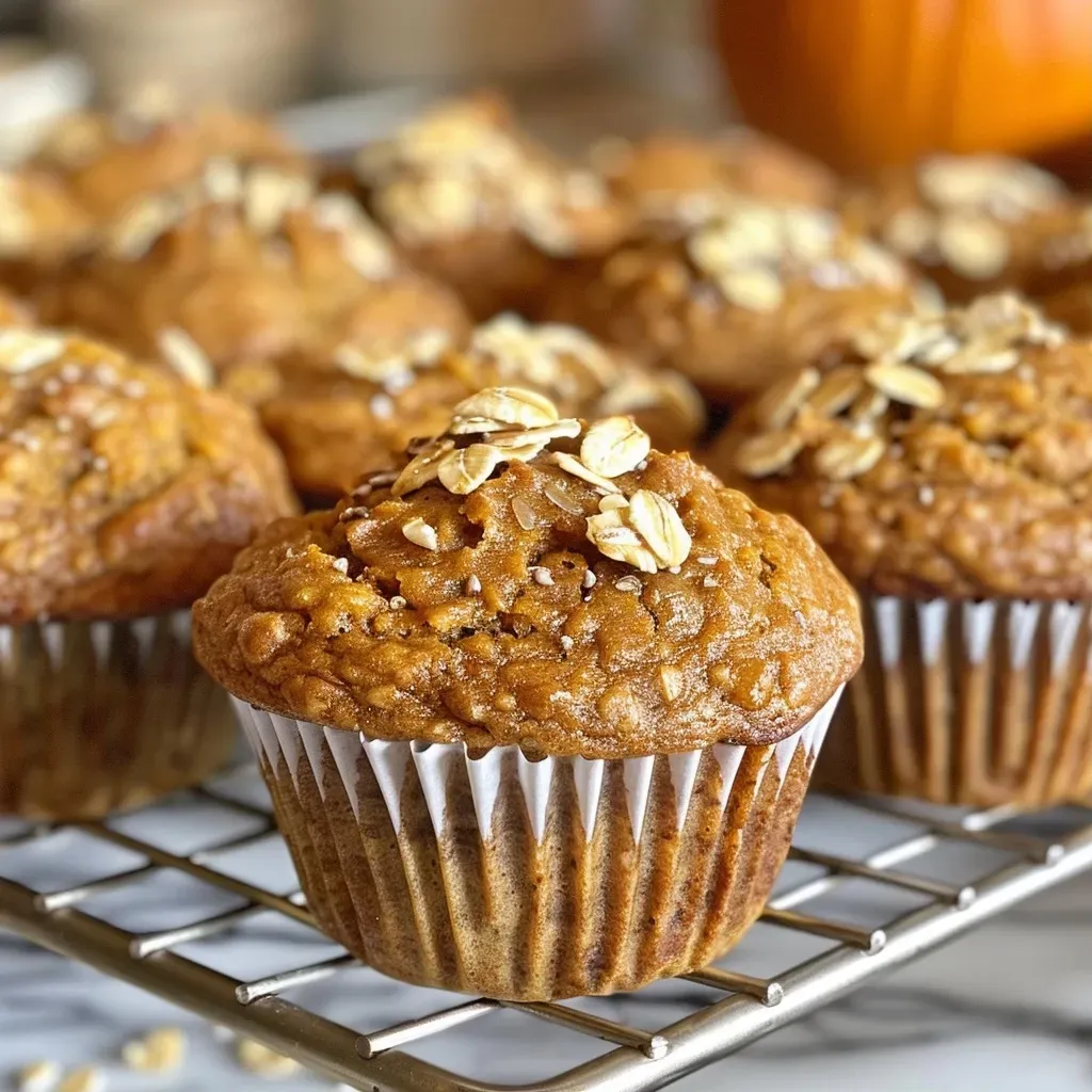 ['Close-up view of golden brown healthy pumpkin muffins with a moist texture.', 'Side view of freshly baked pumpkin muffins showcasing their fluffy interior.', 'Juicy pumpkin muffins with a crispy top, garnished with oats on a wooden surface.', 'Delicious pumpkin muffins displayed on a rustic table, highlighting their rich color.']