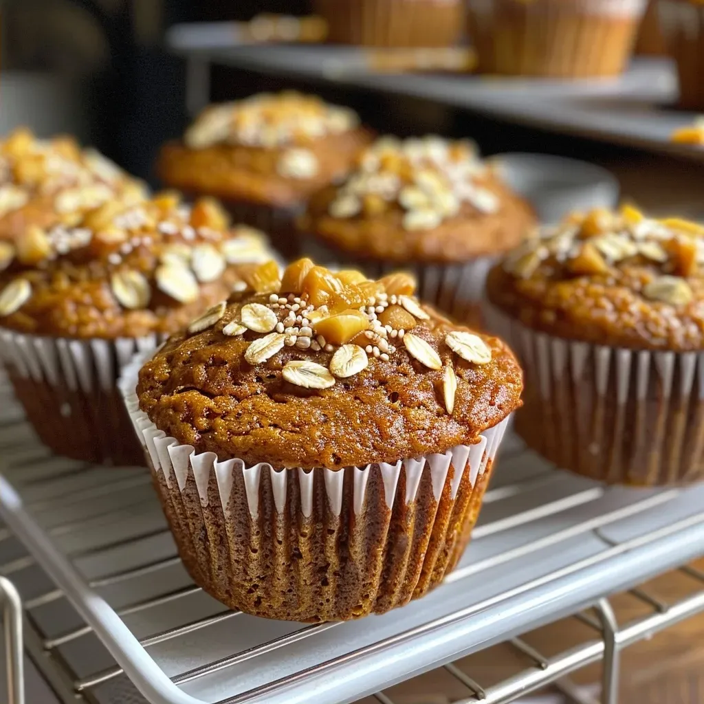 ['Close-up of healthy pumpkin muffins with a golden-brown crust, highlighting their moist texture.', 'Side view of freshly baked pumpkin muffins on a rustic wooden surface, showcasing their ingredients.', 'Juicy pumpkin muffins with a sprinkle of oats on top, arranged attractively for a mouthwatering appeal.', 'Delicious pumpkin muffins with a warm, inviting color, emphasizing their wholesome ingredients.']