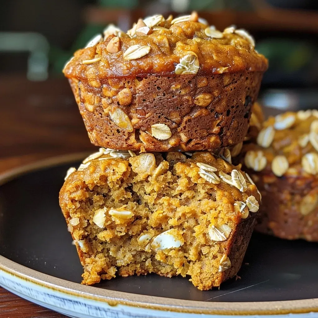 ['Close-up side view of healthy pumpkin oat muffins, showcasing their texture and chocolate chips.', 'Juicy pumpkin oat muffins with a golden brown exterior and dark chocolate chunks visible.', 'A side view of freshly baked pumpkin oat muffins with a soft, moist interior and topped with chocolate chips.', 'Deliciously baked pumpkin oat muffins highlighted in a close-up photo, displaying their appetizing appearance.']