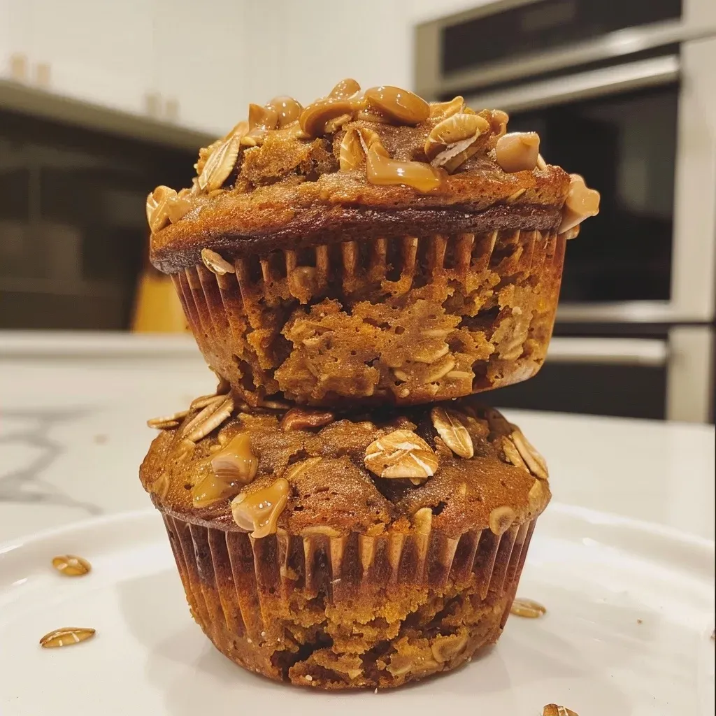 ['Close-up side view of healthy pumpkin oat muffins, showcasing their texture and chocolate chips.', 'Juicy pumpkin oat muffins with a golden brown exterior and dark chocolate chunks visible.', 'A side view of freshly baked pumpkin oat muffins with a soft, moist interior and topped with chocolate chips.', 'Deliciously baked pumpkin oat muffins highlighted in a close-up photo, displaying their appetizing appearance.']