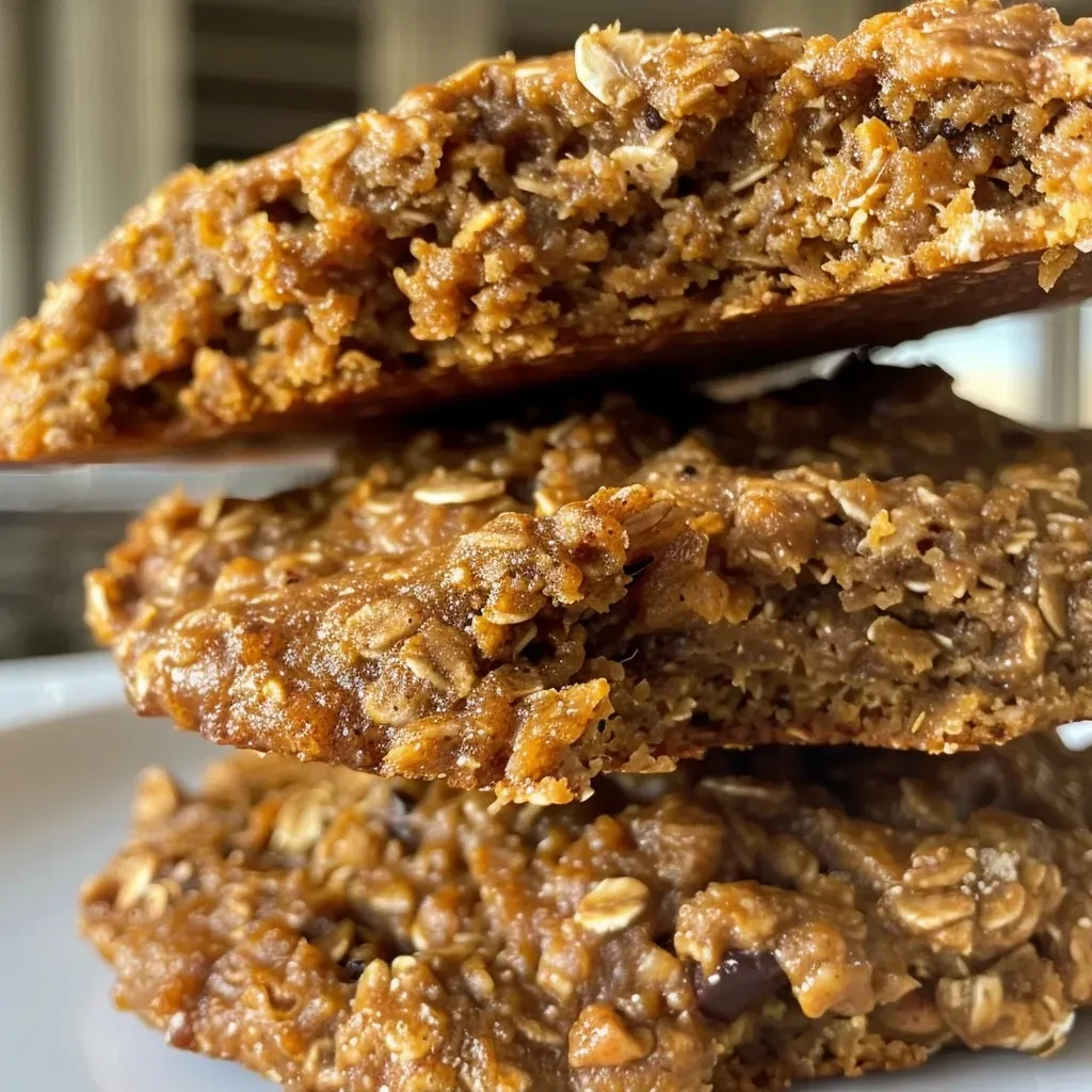 ['Close-up view of chewy pumpkin oatmeal cookies displaying a rich, golden brown color.', 'Side view of healthy pumpkin oatmeal cookies with visible oat flakes and chocolate chips.', 'Detailed shot of freshly baked pumpkin oatmeal cookies on a wooden surface, highlighting their texture.', 'Close-up of a stack of healthy pumpkin oatmeal cookies, showing the moist interior.']