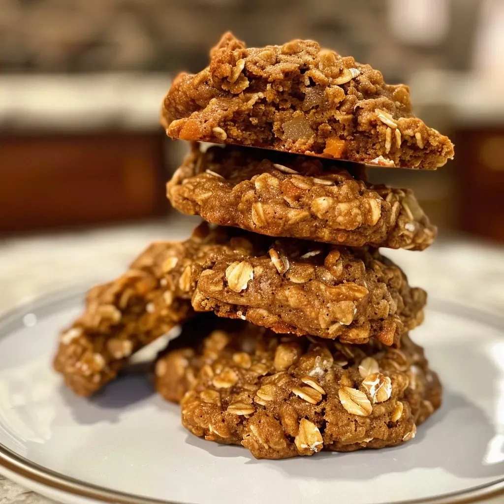 ['Close-up view of chewy pumpkin oatmeal cookies displaying a rich, golden brown color.', 'Side view of healthy pumpkin oatmeal cookies with visible oat flakes and chocolate chips.', 'Detailed shot of freshly baked pumpkin oatmeal cookies on a wooden surface, highlighting their texture.', 'Close-up of a stack of healthy pumpkin oatmeal cookies, showing the moist interior.']