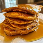 ['Close-up of fluffy pumpkin oatmeal pancakes drizzled with syrup.', 'Side view of healthy pumpkin pancakes stacked and topped with maple syrup.', 'Detailed shot of pumpkin oatmeal pancakes with a golden-brown exterior.', 'Mouthwatering healthy pancakes garnished and ready to serve.']