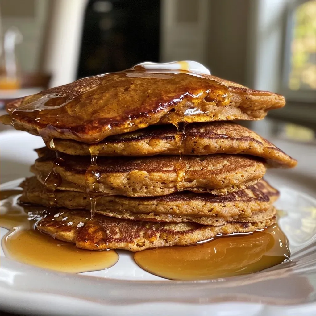 ['Close-up of fluffy pumpkin oatmeal pancakes drizzled with syrup.', 'Side view of healthy pumpkin pancakes stacked and topped with maple syrup.', 'Detailed shot of pumpkin oatmeal pancakes with a golden-brown exterior.', 'Mouthwatering healthy pancakes garnished and ready to serve.']