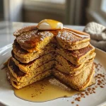 ['Close-up of healthy pumpkin pancakes topped with yogurt and dark chocolate shavings.', 'Side view of fluffy pumpkin pancakes with a drizzle of maple syrup and a sprinkle of spices.', 'Juicy pumpkin pancakes served with creamy yogurt and garnished with chocolate.', 'Delicious stack of pumpkin pancakes showcasing texture and toppings from a side angle.']