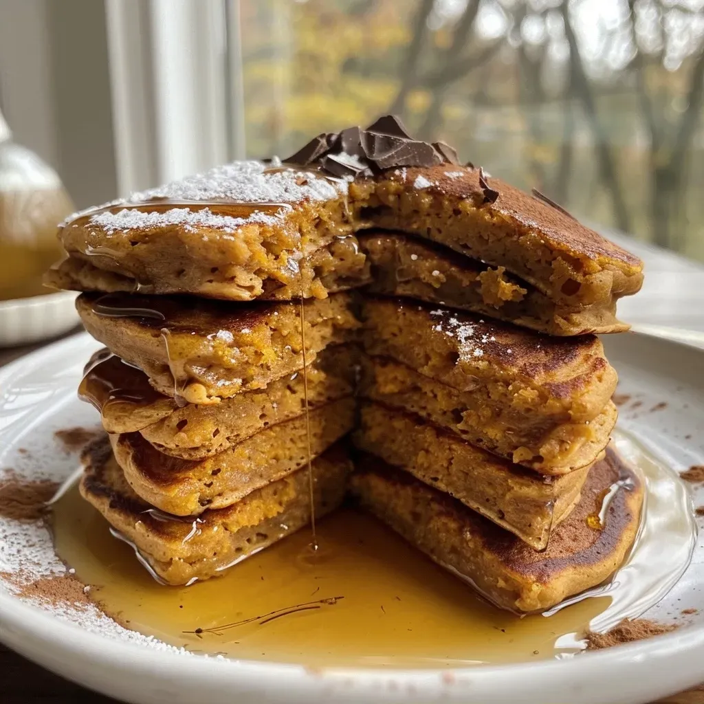 ['Close-up of stacked healthy pumpkin pancakes topped with chopped pecans and maple syrup.', 'Side view of pumpkin pancakes drizzled with maple syrup, garnished with yogurt and pecans.', 'Juicy pumpkin pancakes on a plate, showcasing their fluffy texture and vibrant orange color.', 'Delicious healthy pumpkin pancakes served with butter and a side of Greek yogurt.']