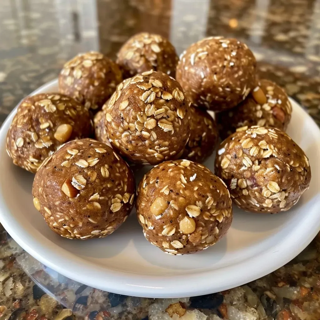 ['Close-up view of healthy pumpkin protein balls, showcasing their rich texture and color.', 'Side view of delicious no-bake pumpkin protein balls with a sprinkle of chocolate chips.', 'Juicy and textured pumpkin protein balls displayed against a simple background.', 'Detailed image of pumpkin protein balls highlighting a blend of oats and spices.']