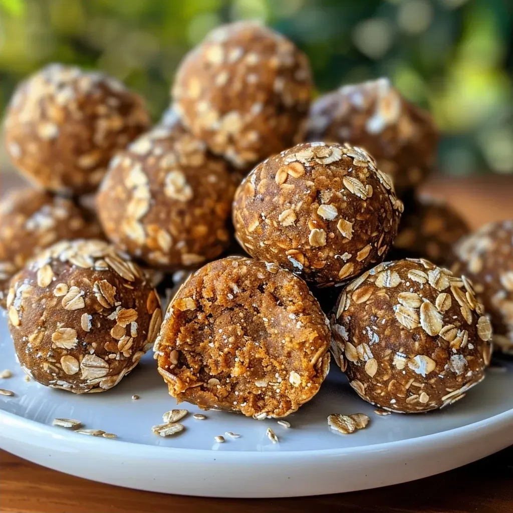 ['Close-up view of healthy pumpkin protein balls, showcasing their rich texture and color.', 'Side view of delicious no-bake pumpkin protein balls with a sprinkle of chocolate chips.', 'Juicy and textured pumpkin protein balls displayed against a simple background.', 'Detailed image of pumpkin protein balls highlighting a blend of oats and spices.']