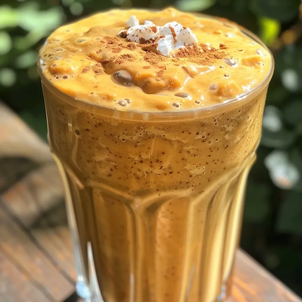 ['Close-up of a creamy pumpkin protein smoothie in a clear glass with a swirl of whipped cream on top.', 'Side view of a healthy pumpkin smoothie garnished with a sprinkle of cinnamon and a dollop of whipped cream.', 'Thick, orange pumpkin smoothie in a glass, featuring an ice cube and a cinnamon dusting on whipped cream.', 'Vibrant pumpkin protein smoothie in a glass, with a side view showcasing textures and colors.']