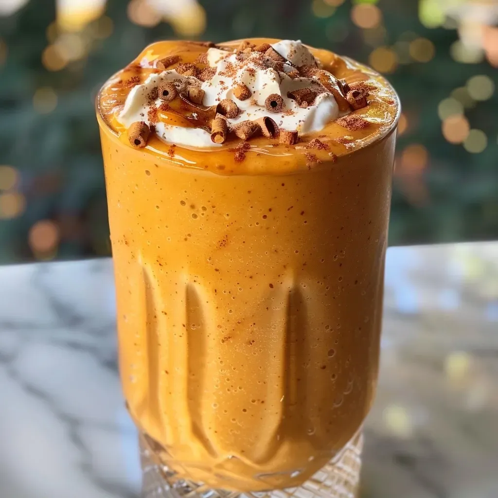 ['Close-up of a creamy pumpkin protein smoothie in a clear glass with a swirl of whipped cream on top.', 'Side view of a healthy pumpkin smoothie garnished with a sprinkle of cinnamon and a dollop of whipped cream.', 'Thick, orange pumpkin smoothie in a glass, featuring an ice cube and a cinnamon dusting on whipped cream.', 'Vibrant pumpkin protein smoothie in a glass, with a side view showcasing textures and colors.']